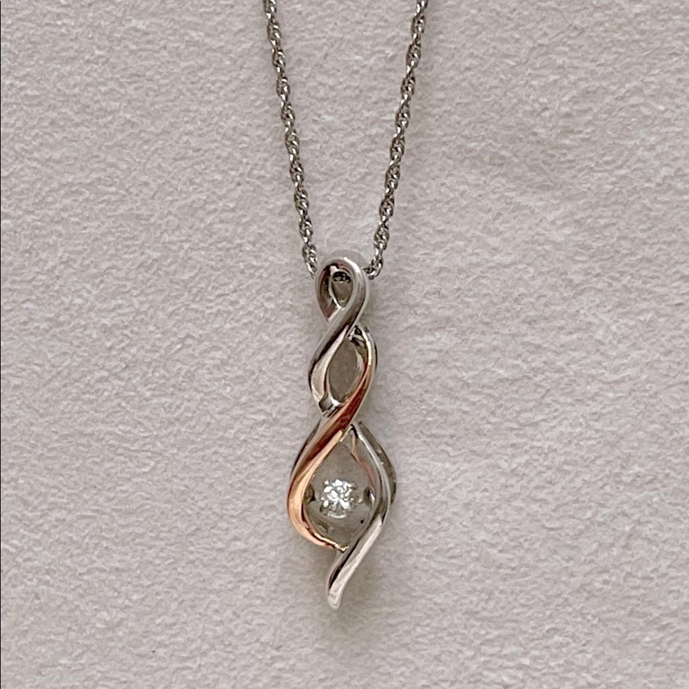NWOT Genuine Floating Diamond, 10k Rose Gold & Sterling Silver Necklace